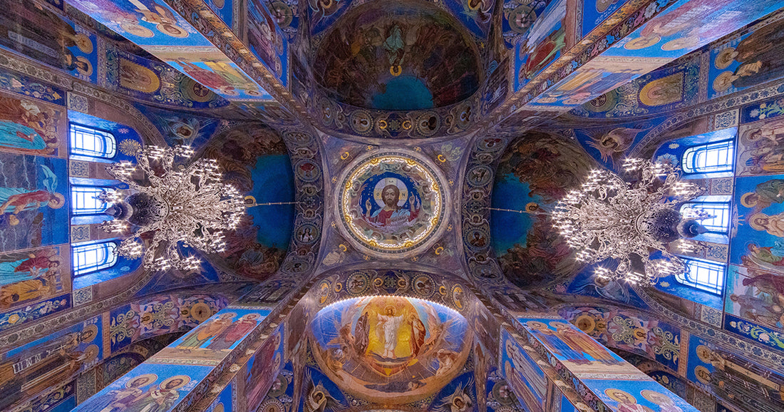 blue church with painting of Jesus