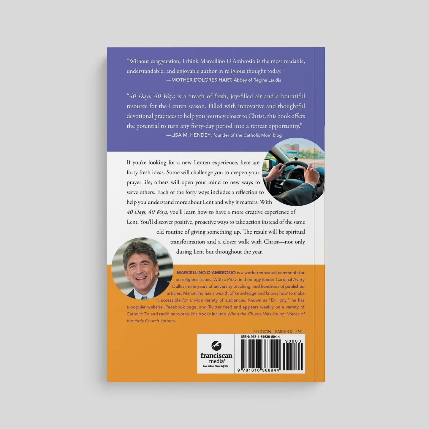 Back cover of a book with text and images on a gray background