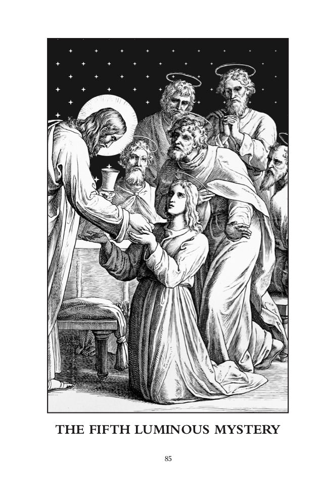 A sample page from Fifth Luminous Mystery in the catholic book, Pocket Guide to the Rosary Reflections from the Bible and the Saints by Matt Fradd and Ascension