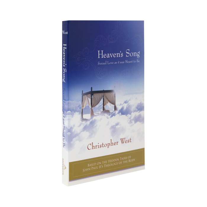 The catholic book, Heaven's Song: Sexual Love As It Was Meant to Be by Christopher West and published by Ascension, a journey through the hidden talks of St. John Paul II's Theology of the Body. The book cover features a canopy bed in the clouds with a blue sky above.