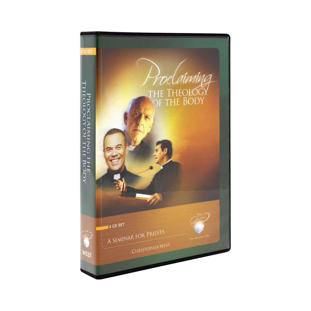 The cd case for Proclaiming the Theology of the Body, A Seminar for Priests by Christopher West and Ascension. The cover features three happy priests.