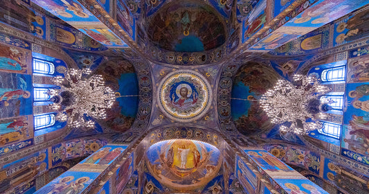 blue church with painting of Jesus