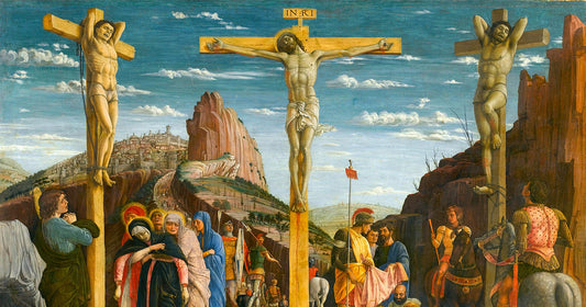 painting of jesus at the crucifixion with Dismas (good thief) and Gestas (bad thief)