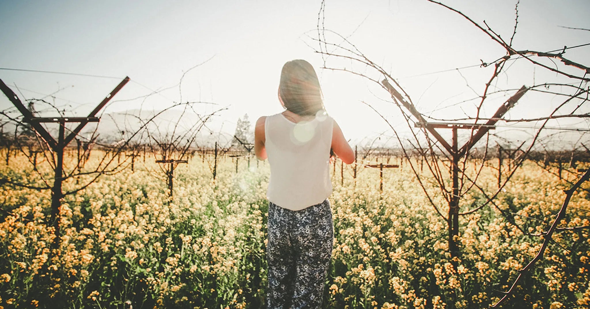 woman standing in field of flowers with withering vines