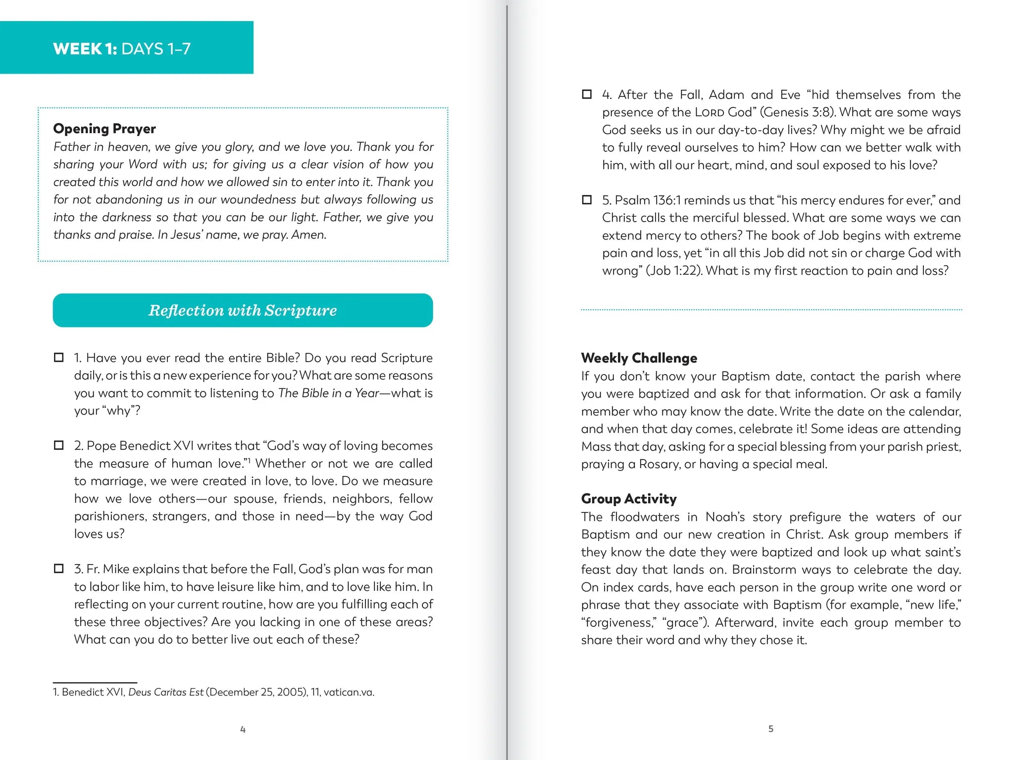 Pages from a Bible study guide with text and questions.