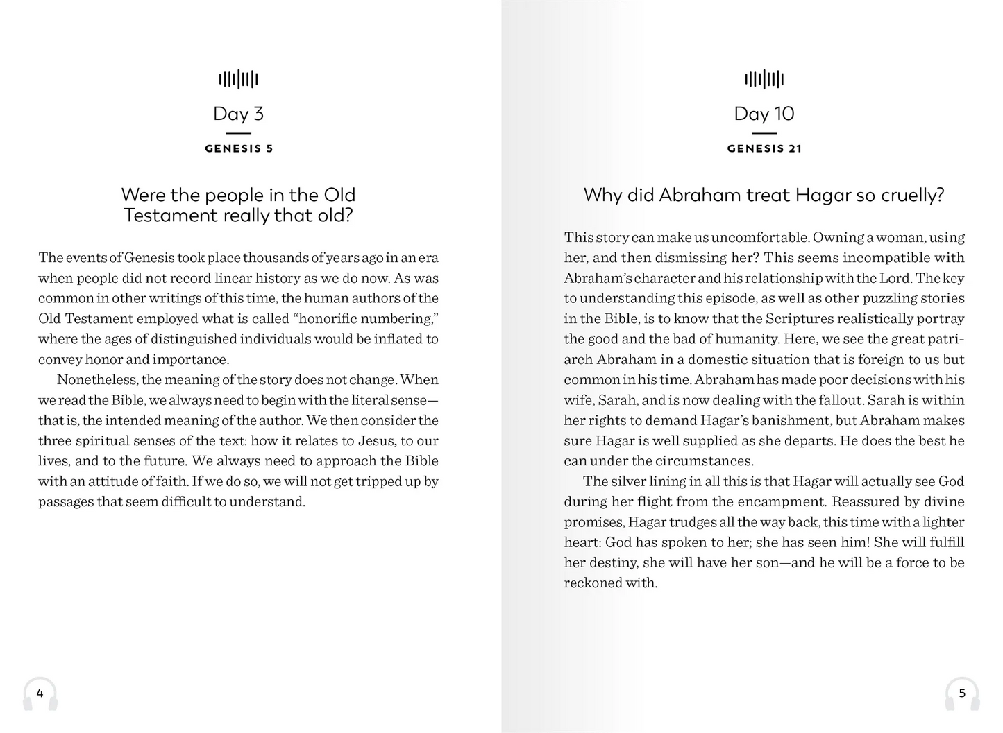 Two text excerpts from the featured book, titled "Were the people in the Old Testament really that old?" and "Why did Abraham treat Hagar so cruelly?"