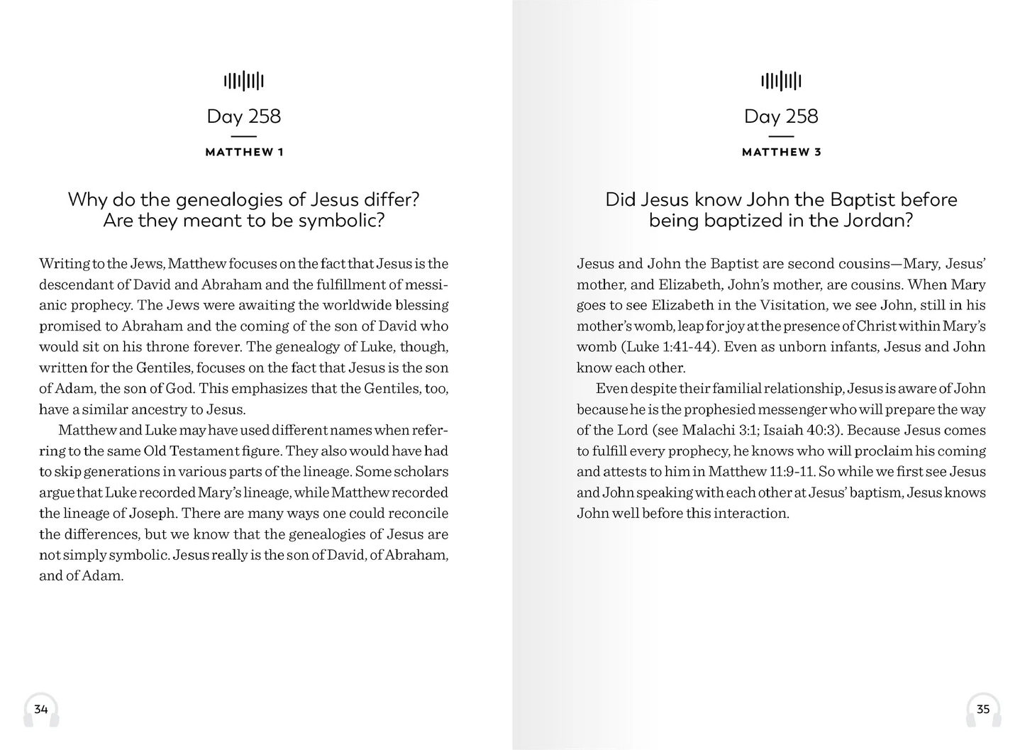 Two text excerpts from the featured book, titled "Why do the genealogies of Jesus differ? Are they meant to be symbolic?" and "Did Jesus know John the Baptist before being baptized in the Jordan?"