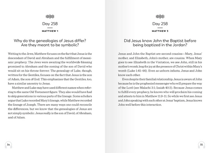 Two text excerpts from the featured book, titled "Why do the genealogies of Jesus differ? Are they meant to be symbolic?" and "Did Jesus know John the Baptist before being baptized in the Jordan?"