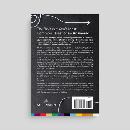 Back cover of a book with the text 'The Bible in a Year's Most Common Questions Answered' on a gray background.