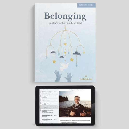 A promotional image featuring the cover of a book titled 'Belonging: Baptism in the Family of God, Parent's Guide' with a baby's mobile design, and a digital tablet displaying a related study video.