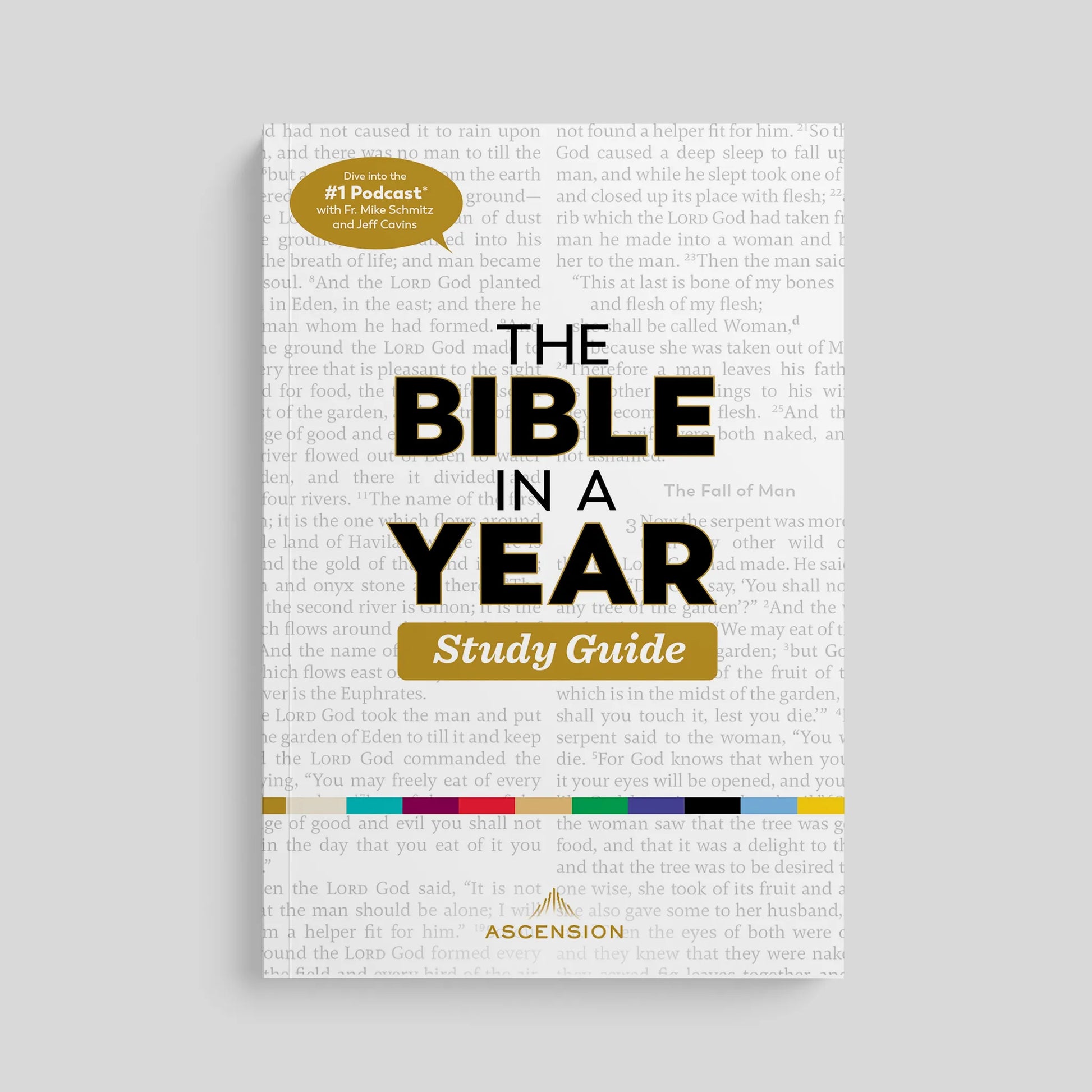 Cover of a book titled 'The Bible in a Year Study Guide' on a gray background