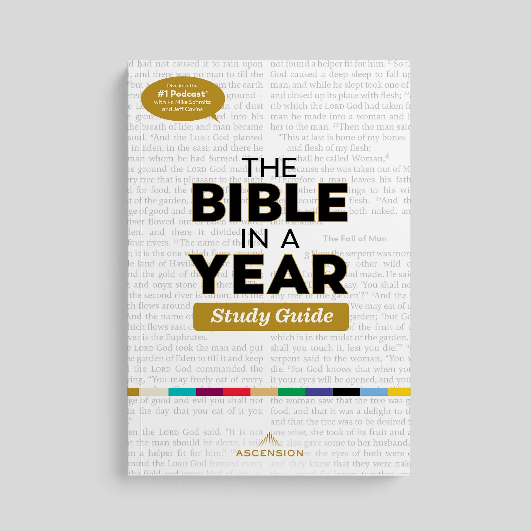 Cover of a book titled 'The Bible in a Year Study Guide' on a gray background