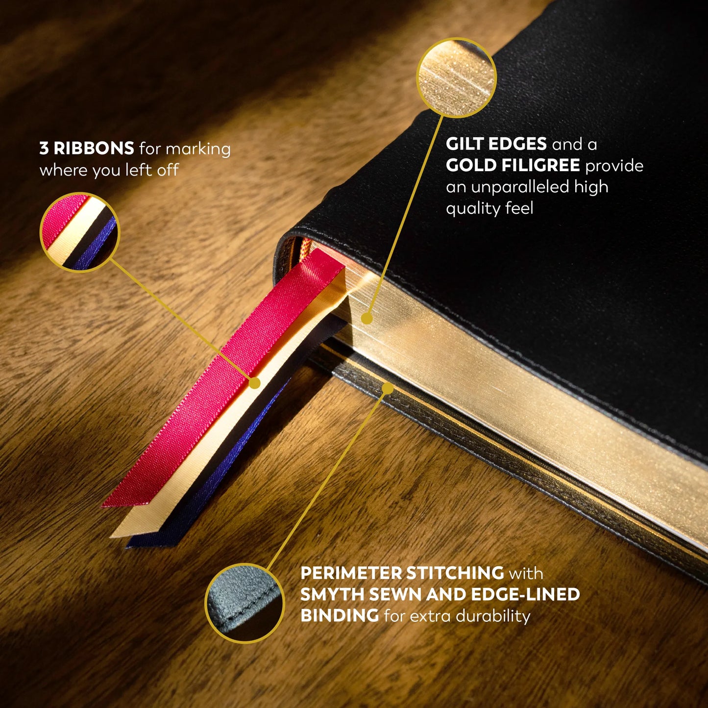 Bible with gilded edges and ribbons on a wooden surface