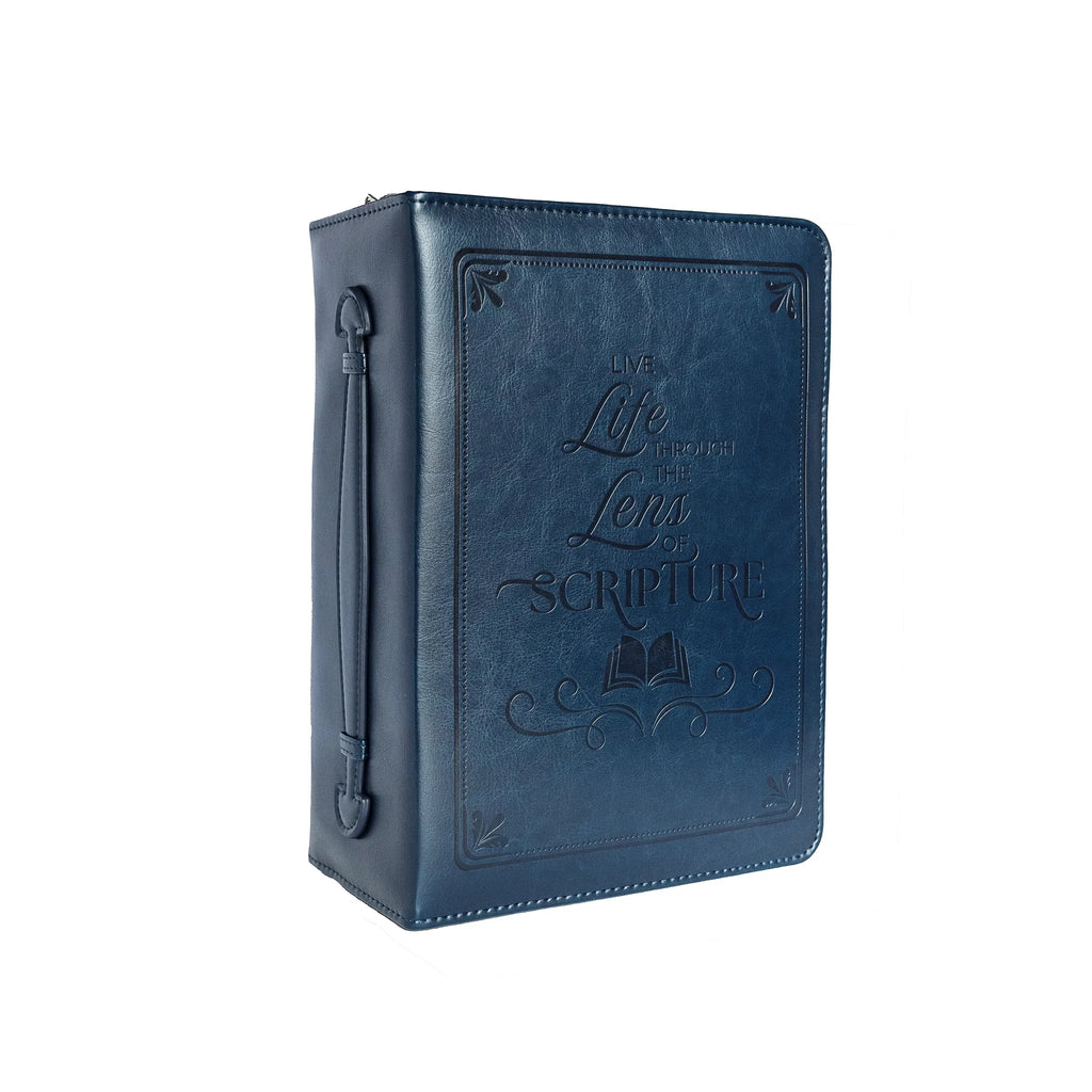 Funda para Biblia Vive la vida a través de la lente de las Escrituras (símil piel) Azul marino
