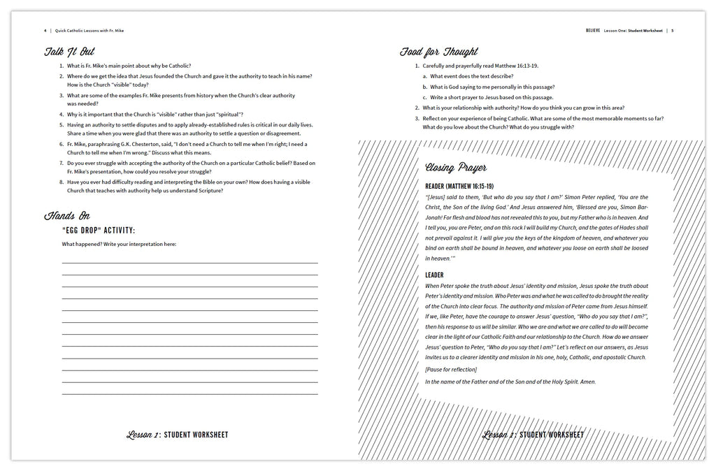 A sneak peek at the Lesson one student worksheet for the teacher's guide Quick Catholic Lessons with Fr. Mike by Ascension. 