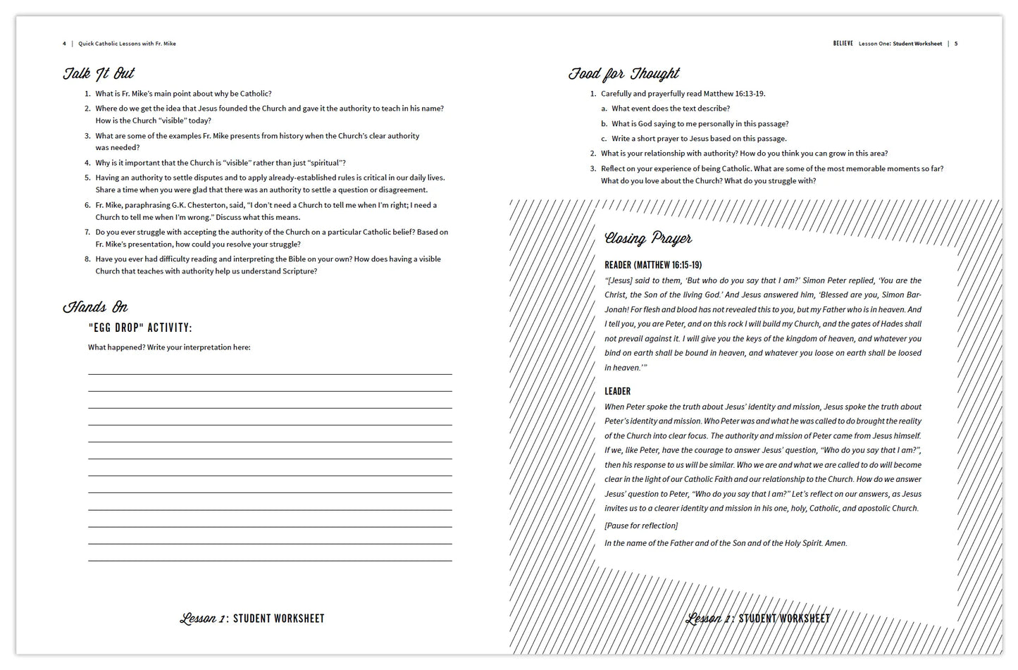 A sneak peek at the Lesson one student worksheet for the teacher's guide Quick Catholic Lessons with Fr. Mike by Ascension. 