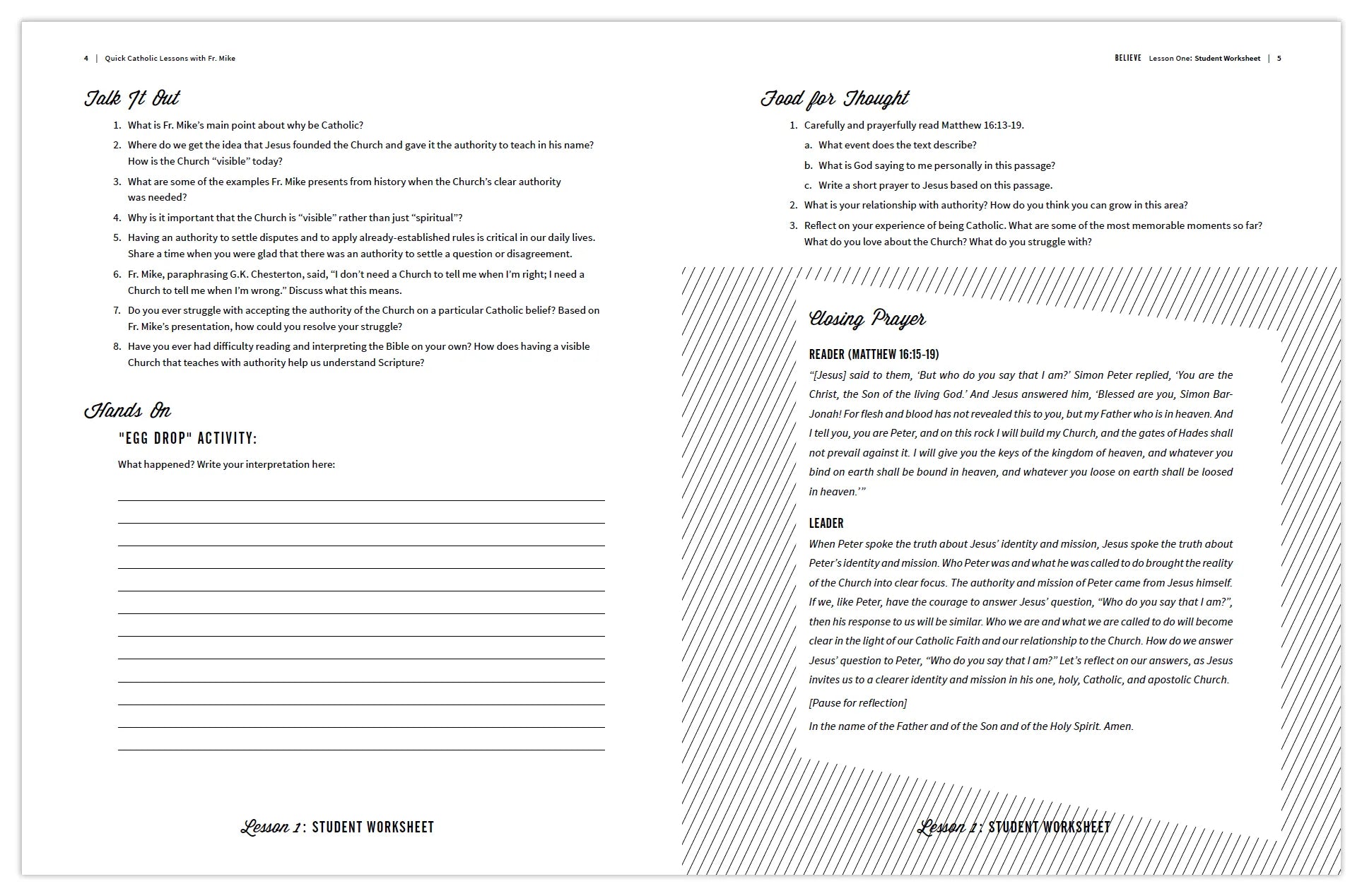 A sneak peek at the Lesson one student worksheet for the teacher's guide Quick Catholic Lessons with Fr. Mike by Ascension. 