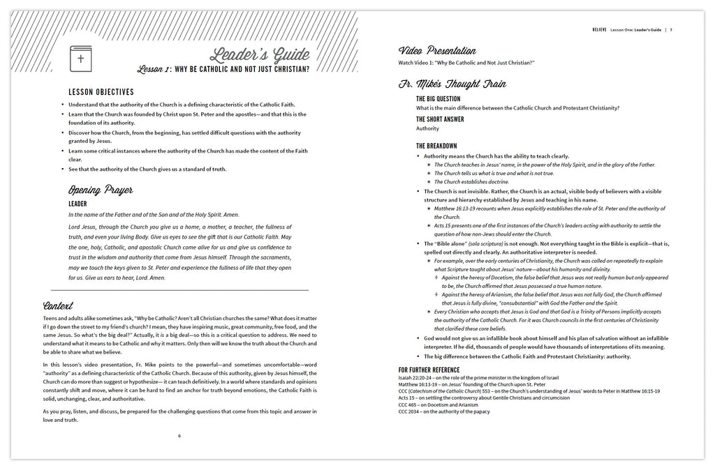 A sneak peek at the Lesson one leader's guide for Quick Catholic Lessons with Fr. Mike, a teacher's guide by Ascension. 