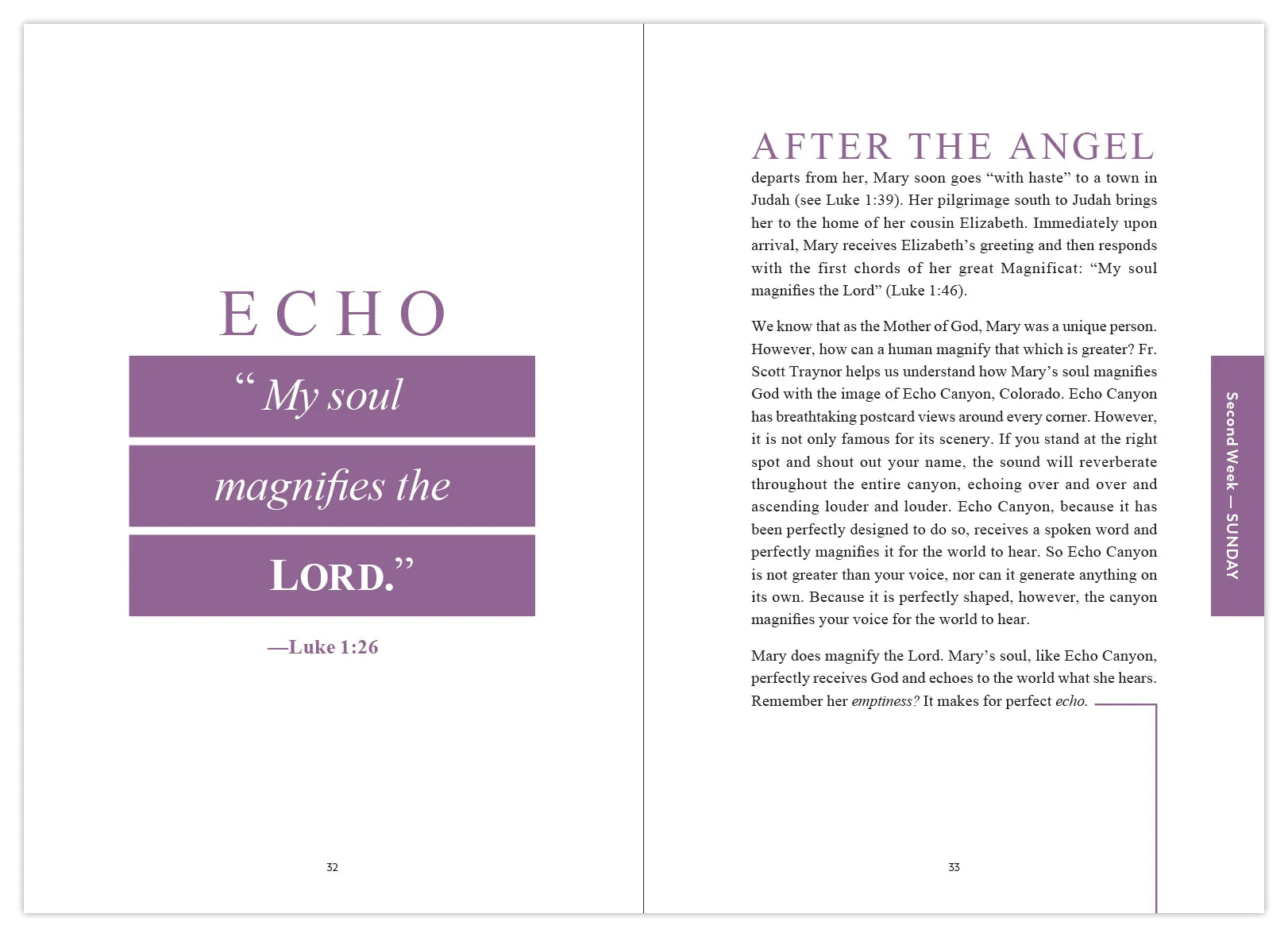A sample page from the Catholic journal, Rejoice! Advent Meditations with Mary by Fr. Mark Toups and Ascension. It quotes Mary's Magnificat, "My soul magnifies the Lord" from Luke 1:26.