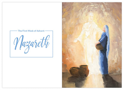 A sample page of the first week of Advent in Nazareth from the Catholic journal, Rejoice! Advent Meditations with Mary by Fr. Mark Toups and Ascension. Mary holds a basket and looks at God who is glowing with light.