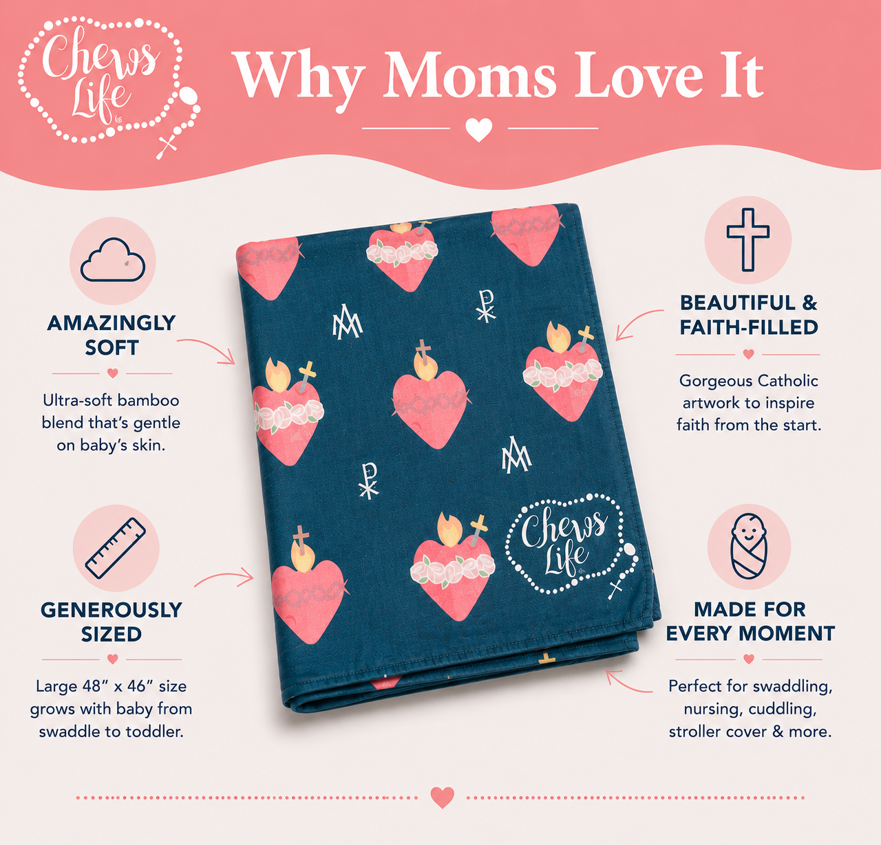 Immaculate and Sacred Heart Swaddle Blanket | Bamboo & Cotton