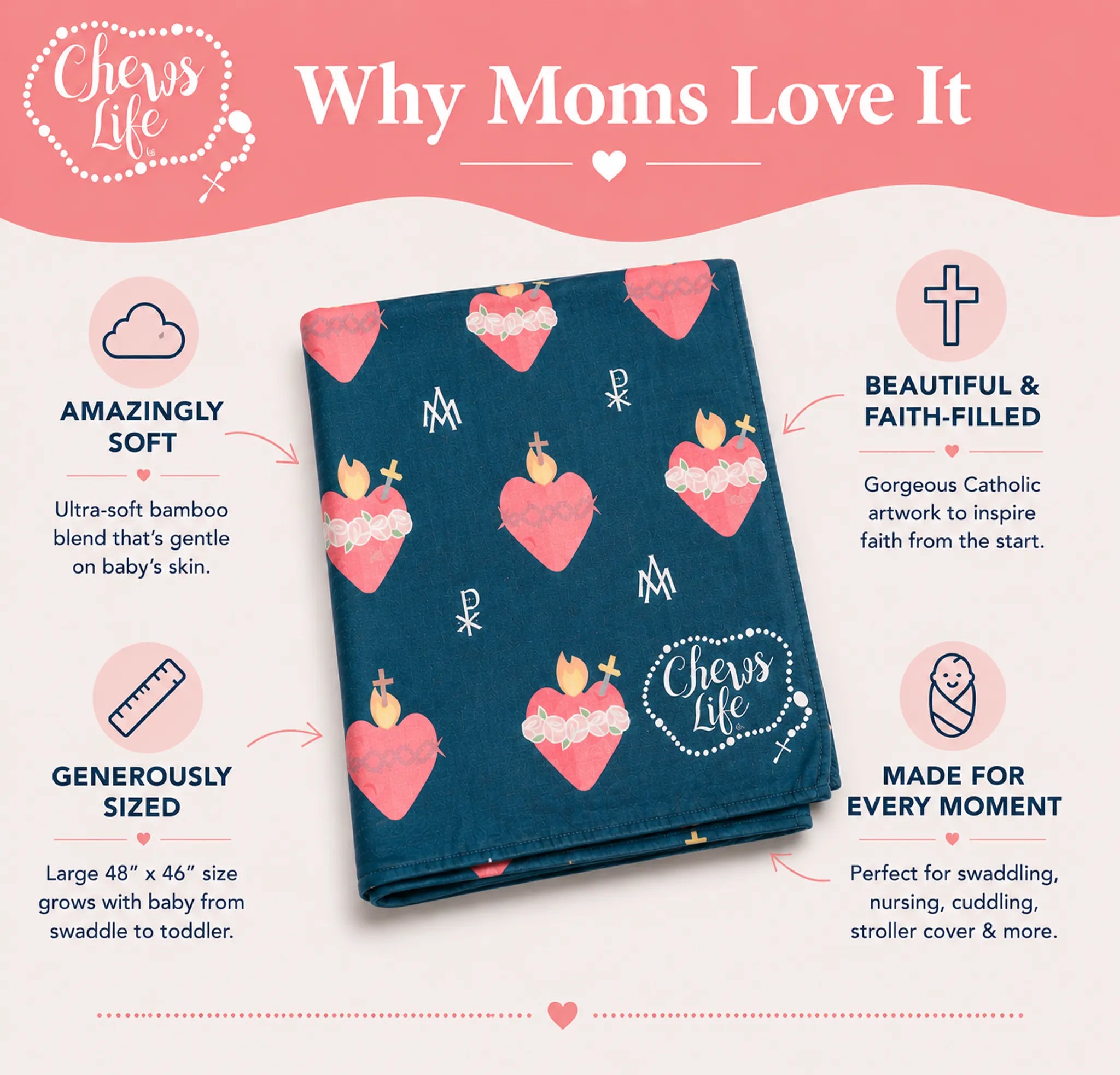 Immaculate and Sacred Heart Swaddle Blanket | Bamboo & Cotton