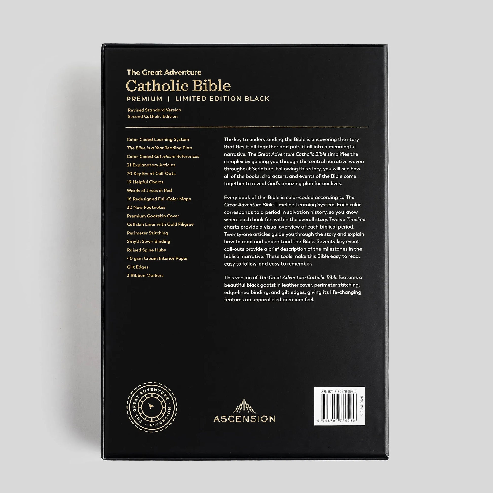 Back cover of The Great Adventure Catholic Bible box with text and Ascension logo.