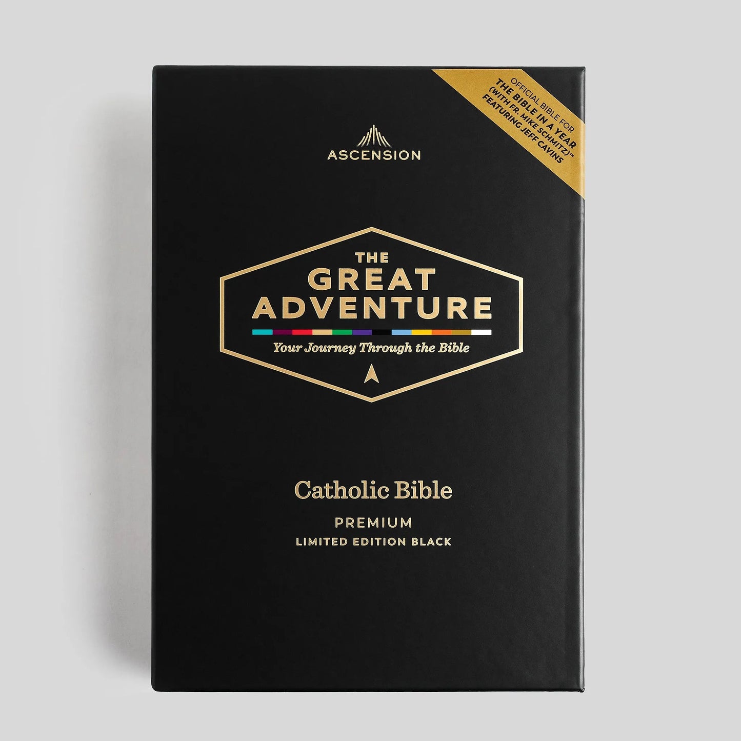Black Catholic Bible box cover with gold text on a gray background