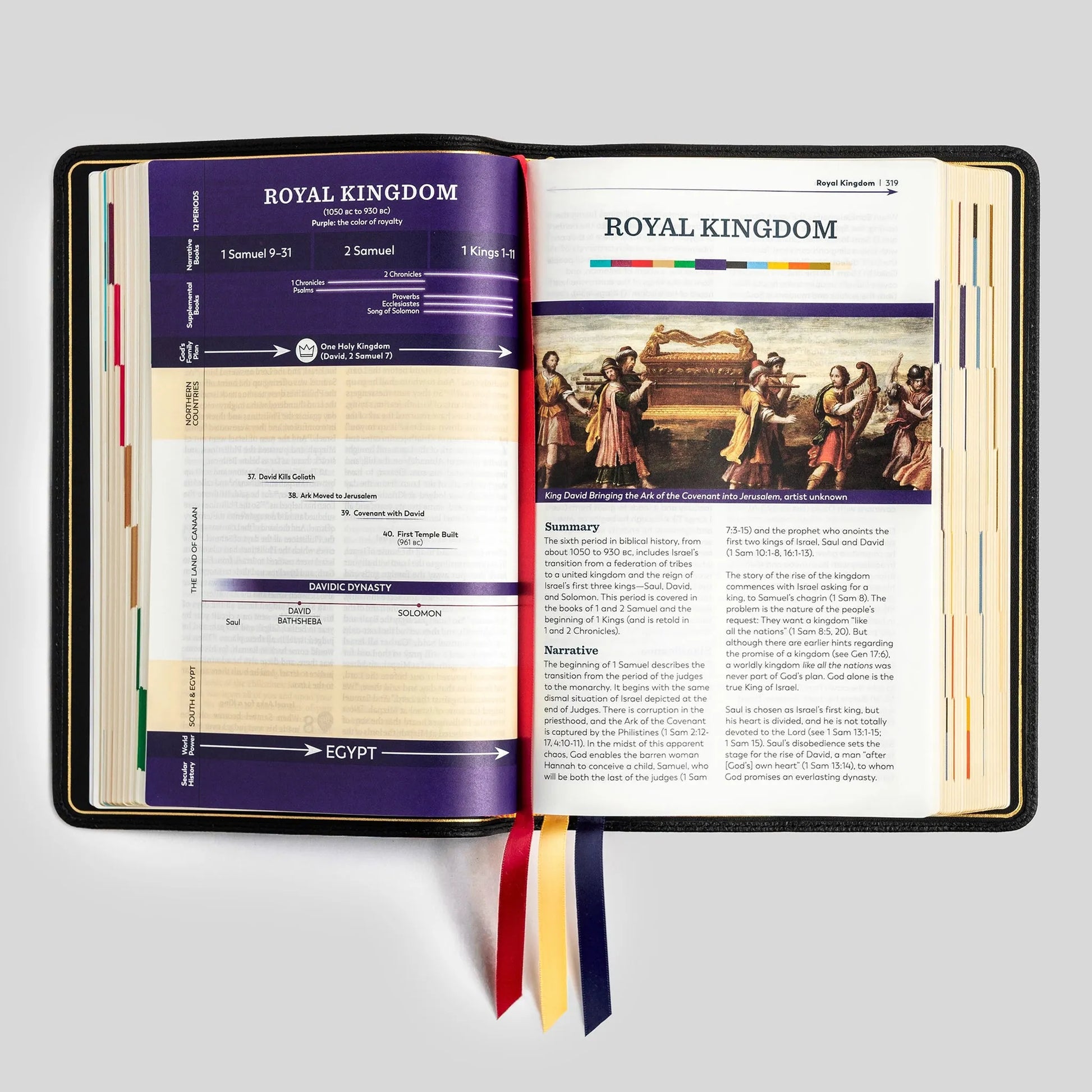 Open Bible with detailed Bible timelines on a gray background