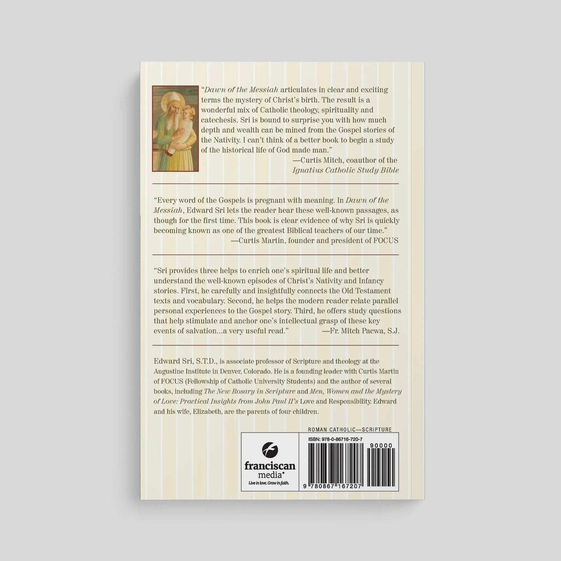 Back cover of a book with text and a small illustration on a light gray background