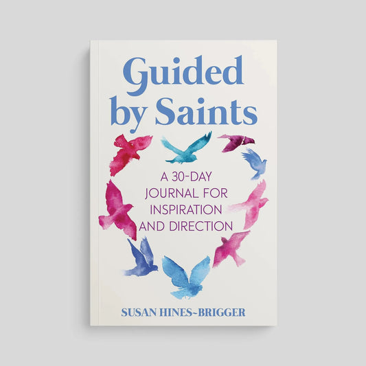 Book cover of 'Guided by Saints' with colorful bird illustrations on a white background