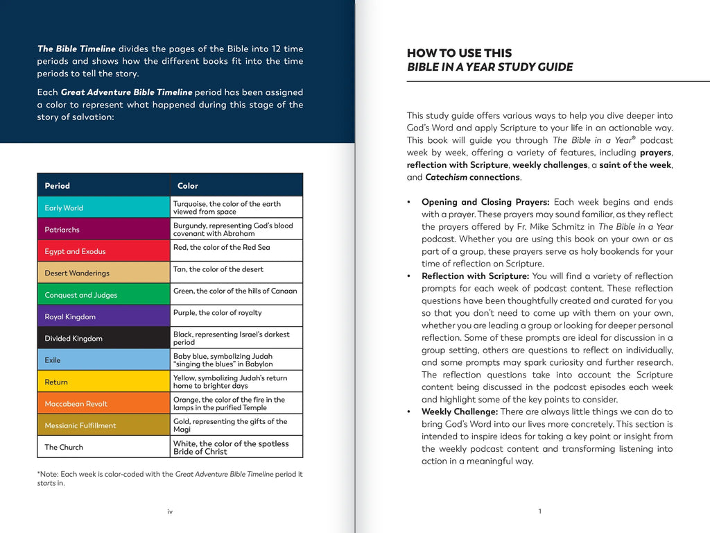 Page from a Bible study guide with a color-coded timeline and reflection prompts