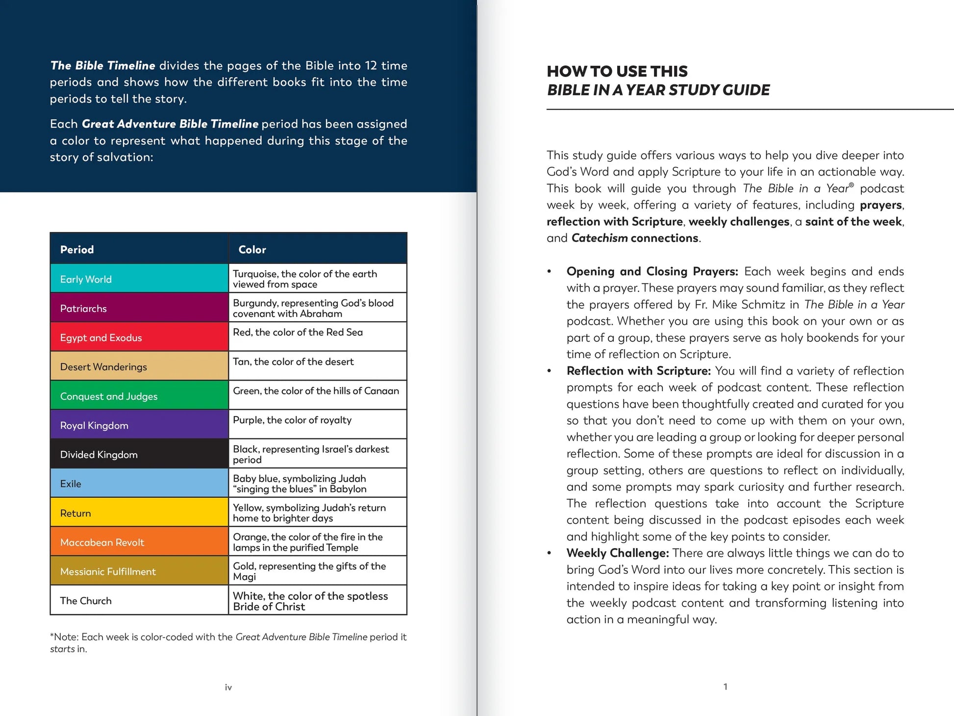 Page from a Bible study guide with a color-coded timeline and reflection prompts