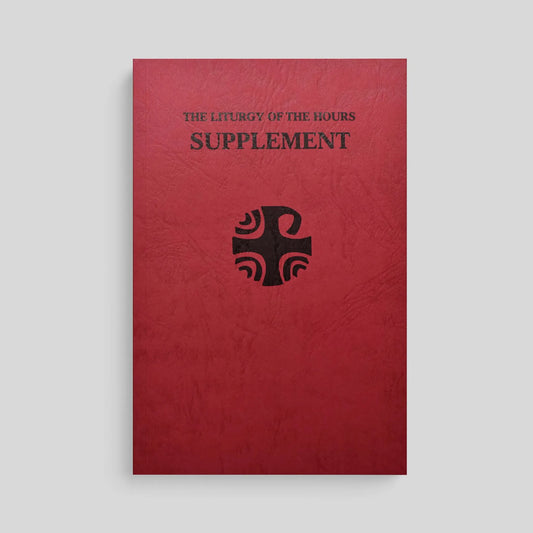 Red book titled 'The Liturgy of the Hours Supplement' with a black cross on a gray background