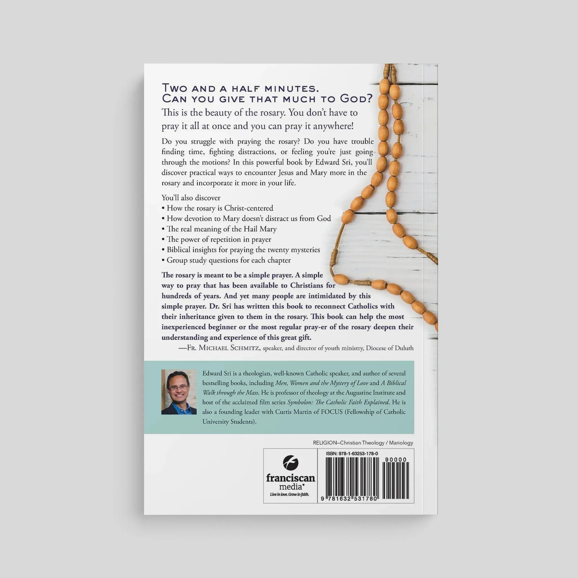 Back cover of a book with text and a rosary on a light gray background