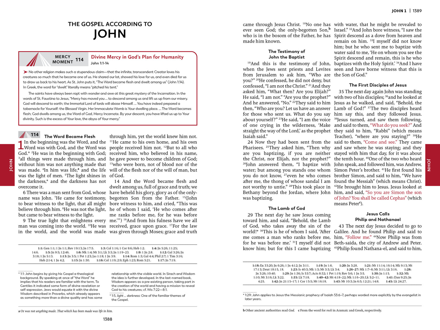 The first couple pages of the Gospel of John with  Divine Mercy moment #114 inside