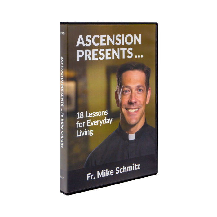 Ascension Presents...Fr. Mike Schmitz: 18 Lessons for Everyday Living by Fr. Mike Schmitz and Ascension. The DVD cover features Father Mike smiling.
