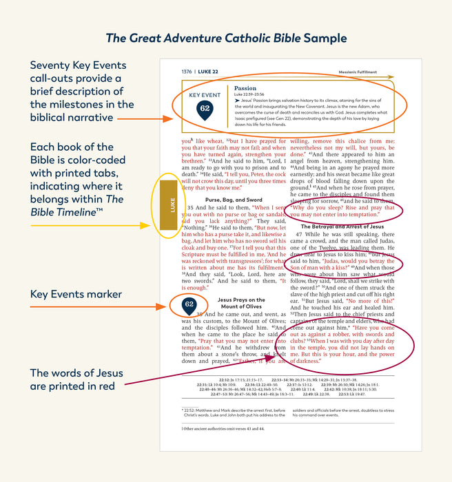 A sample page from the Great Adventure Catholic Bible from Jeff Cavins and Ascension with arrows highlighting the key features of the Bible including 70 key event callouts, the Bible timeline's color-coded system, Jesus Christ's words printed in red, and key event markers.