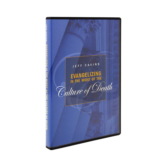 The cd case for Evangelizing in the Midst of The Culture of Death by Jeff Cavins and Ascension. The blue cover features pillars on an old church or historic building.