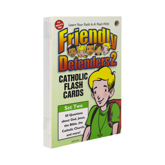 Friendly Defenders 2: Catholic Flash Cards by Ascension. The cover features children smiling with one boy carrying a backpack.