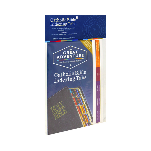 The Great Adventure Catholic Bible Indexing Tabs by Ascension. The cover of the package features the Holy Bible with the tabs visible along with the Great Adventure logo.
