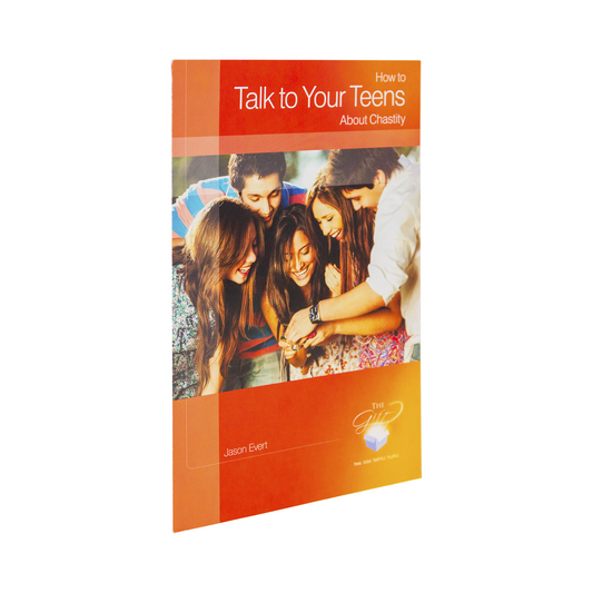 The pamphlet, How To Talk To Your Teens About Chastity by Jason Evert and Ascension. The red and orange cover features a group of happy teens looking at a photo on a digital camera.