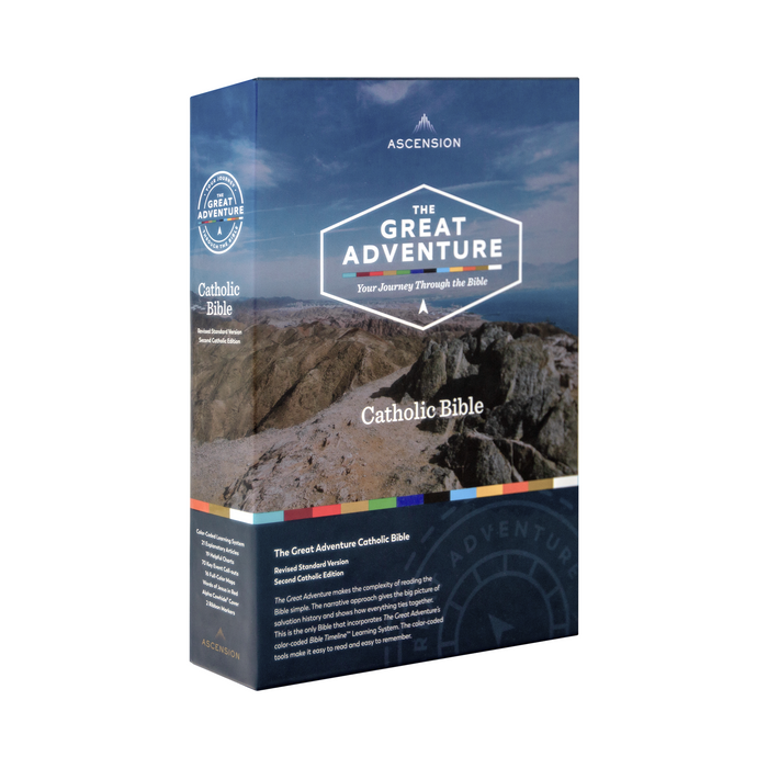 The front of the decorative box for The Great Adventure Catholic Bible from Jeff Cavins and Ascension