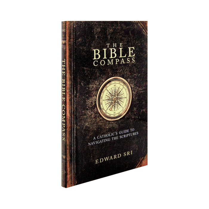 The catholic book, The Bible Compass: A Catholic's Guide to Navigating the Scriptures by Edward Sri published by Ascension. The brown cover features a gold compass.