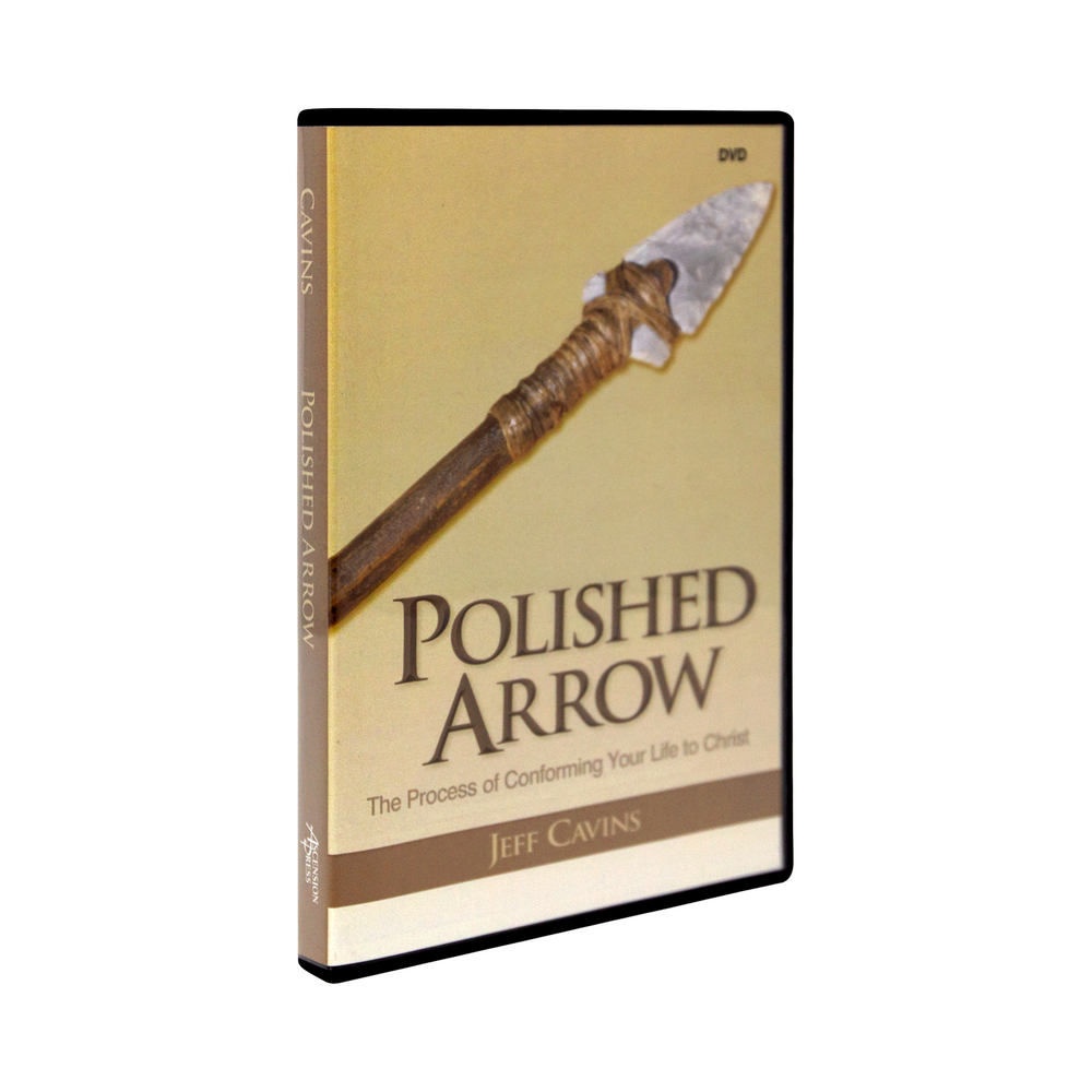 The tan dvd case for Polished Arrow: The Process of Conforming Your Life to Christ, a DVD by Jeff Cavins and Ascension. The cover features a an image of an arrow.