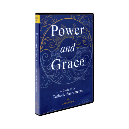 The blue case for the dvd set, Power and Grace: A Guide to the Catholic Sacraments by Ascension. The cover features a circular design of the sun, water, and wind.