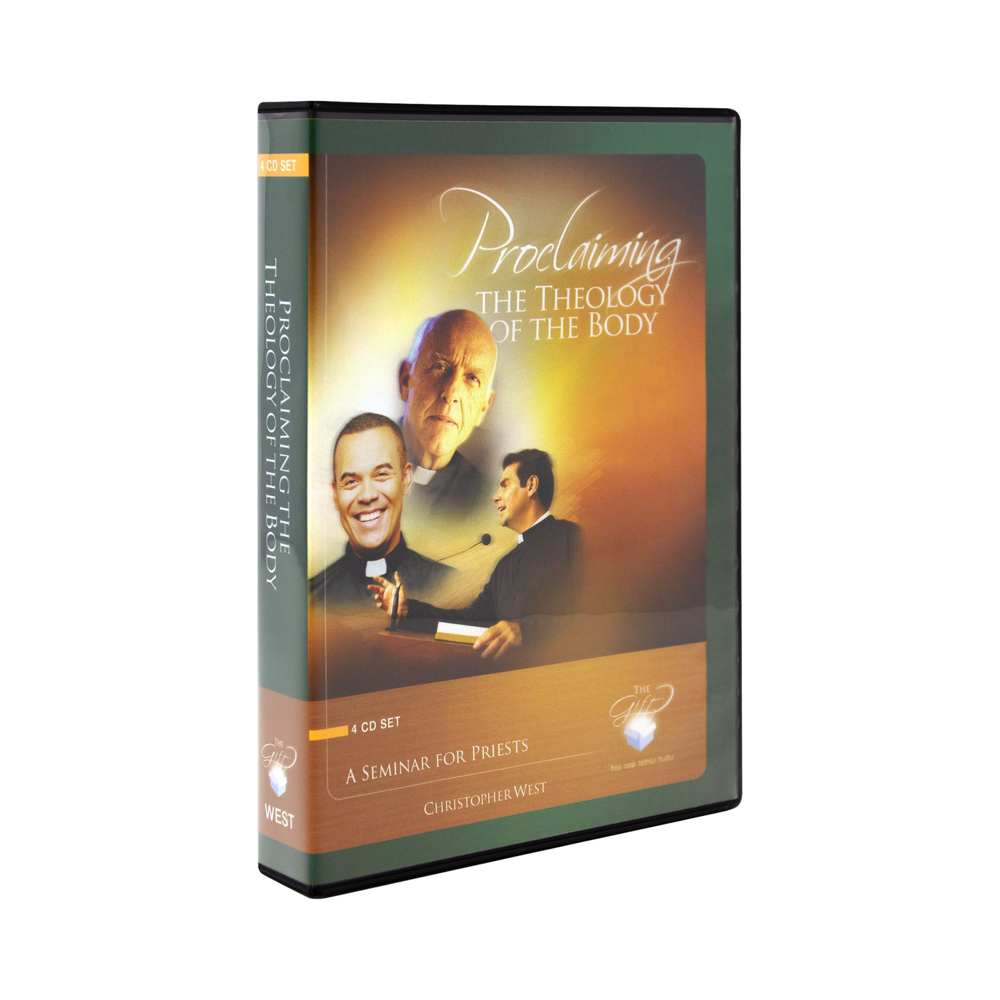 The cd case for Proclaiming the Theology of the Body, A Seminar for Priests by Christopher West and Ascension. The cover features three happy priests.