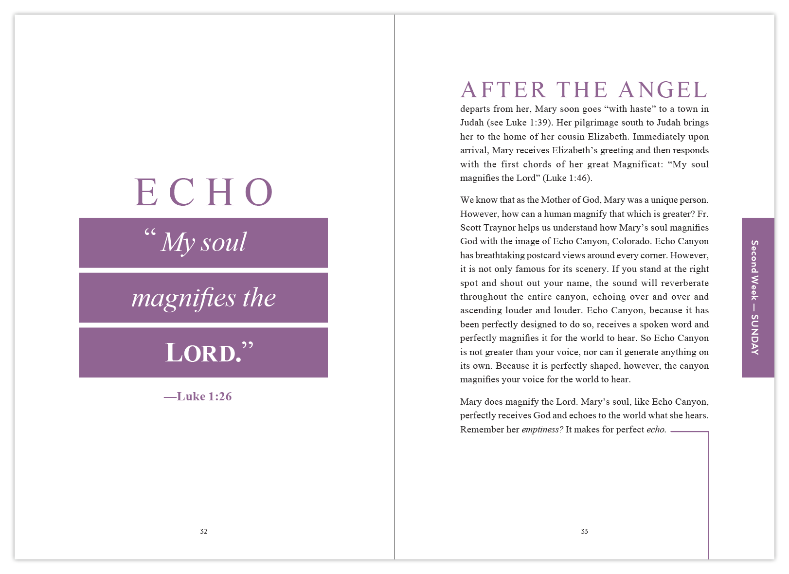 A sample page from the Catholic journal, Rejoice! Advent Meditations with Mary by Fr. Mark Toups and Ascension. It quotes Mary's Magnificat, "My soul magnifies the Lord" from Luke 1:26.