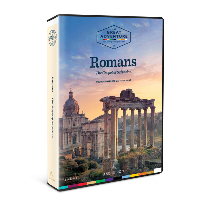 The DVD case for the Bible Study, Romans: The Gospel of Salvation by Dr. Andrew Swafford and Jeff Cavins, published by Ascension. The DVD case is at an angle, and the cover features Rome at sunset.