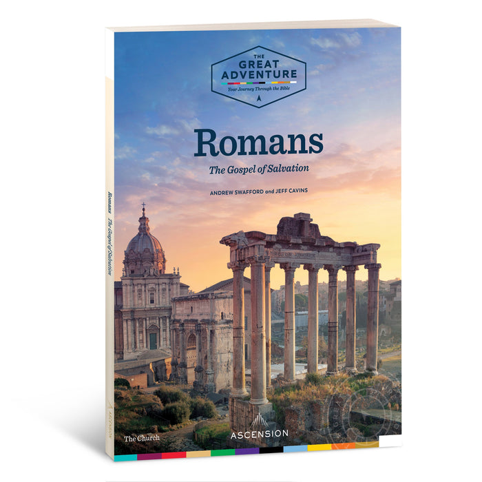 The Workbook cover for the Catholic Bible Study, Romans: The Gospel of Salvation by Andrew Swafford and Jeff Cavins published by Ascension. The cover features Rome at sunset.